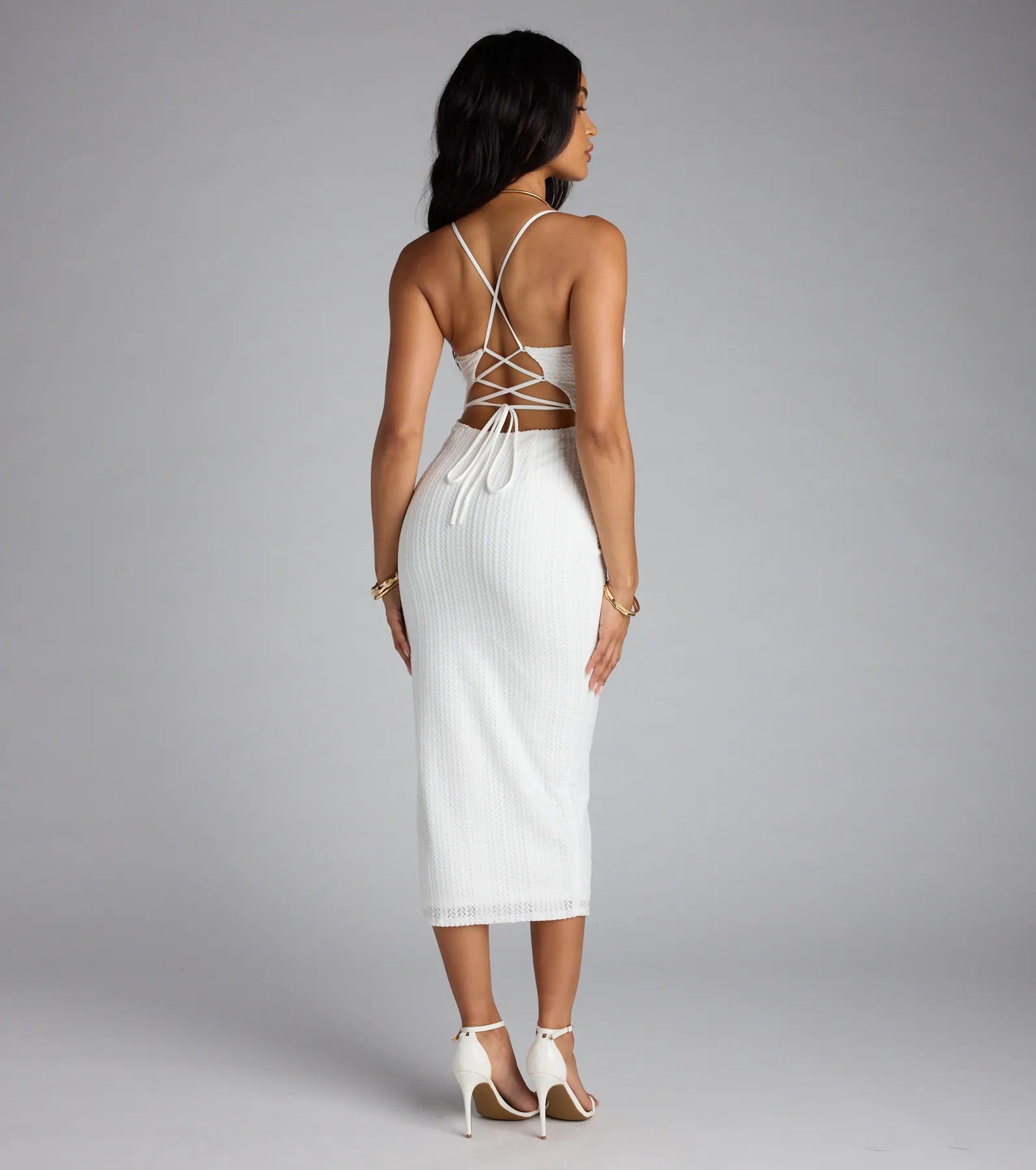 Hidden Treasure Lace-Up Shell Accent Midi Dress