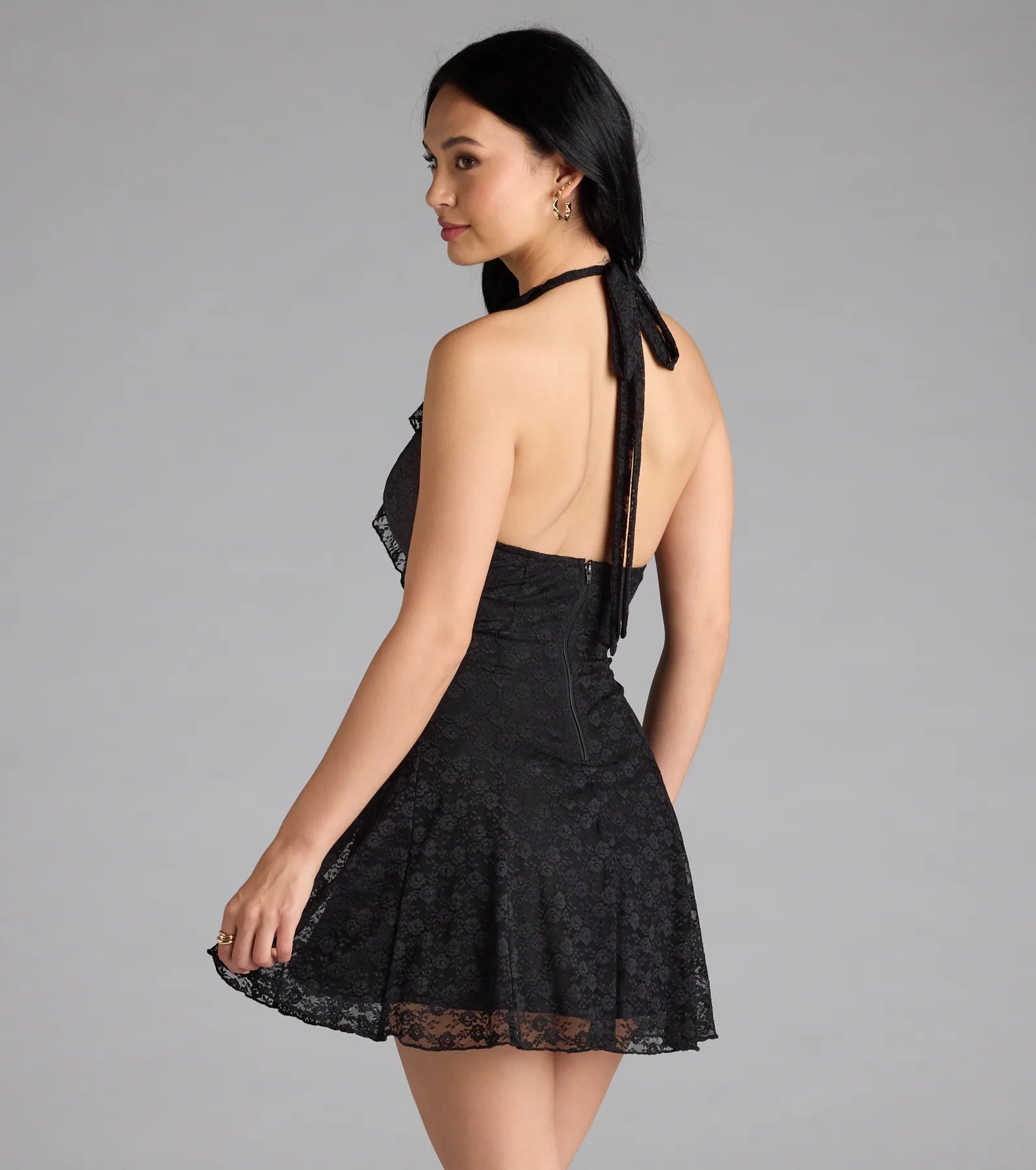 Flirty Girl Ruffled Halter A-Line Lace Mini Dress