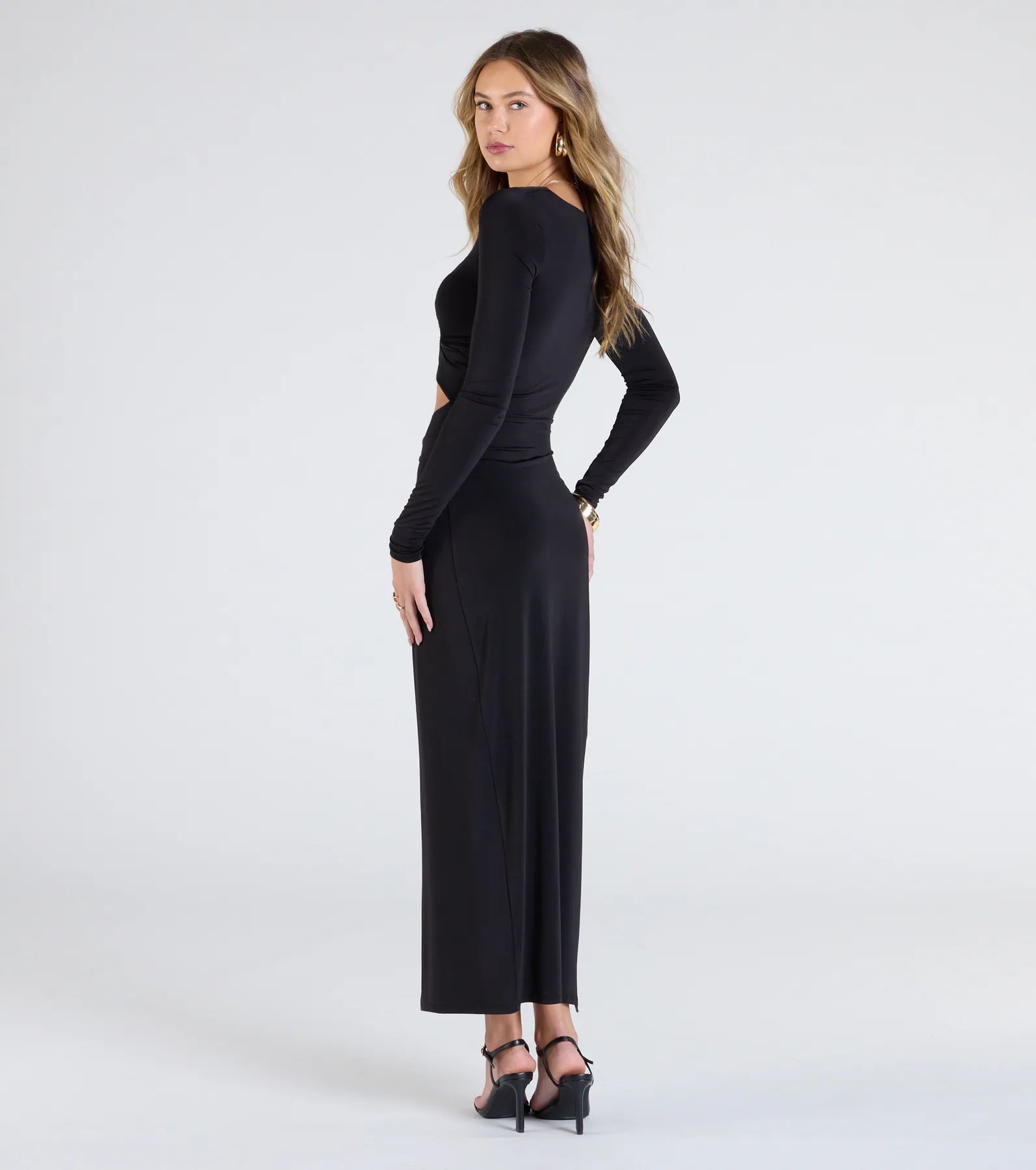 Cause A Stir Long Sleeve Cutout Slit Maxi Dress