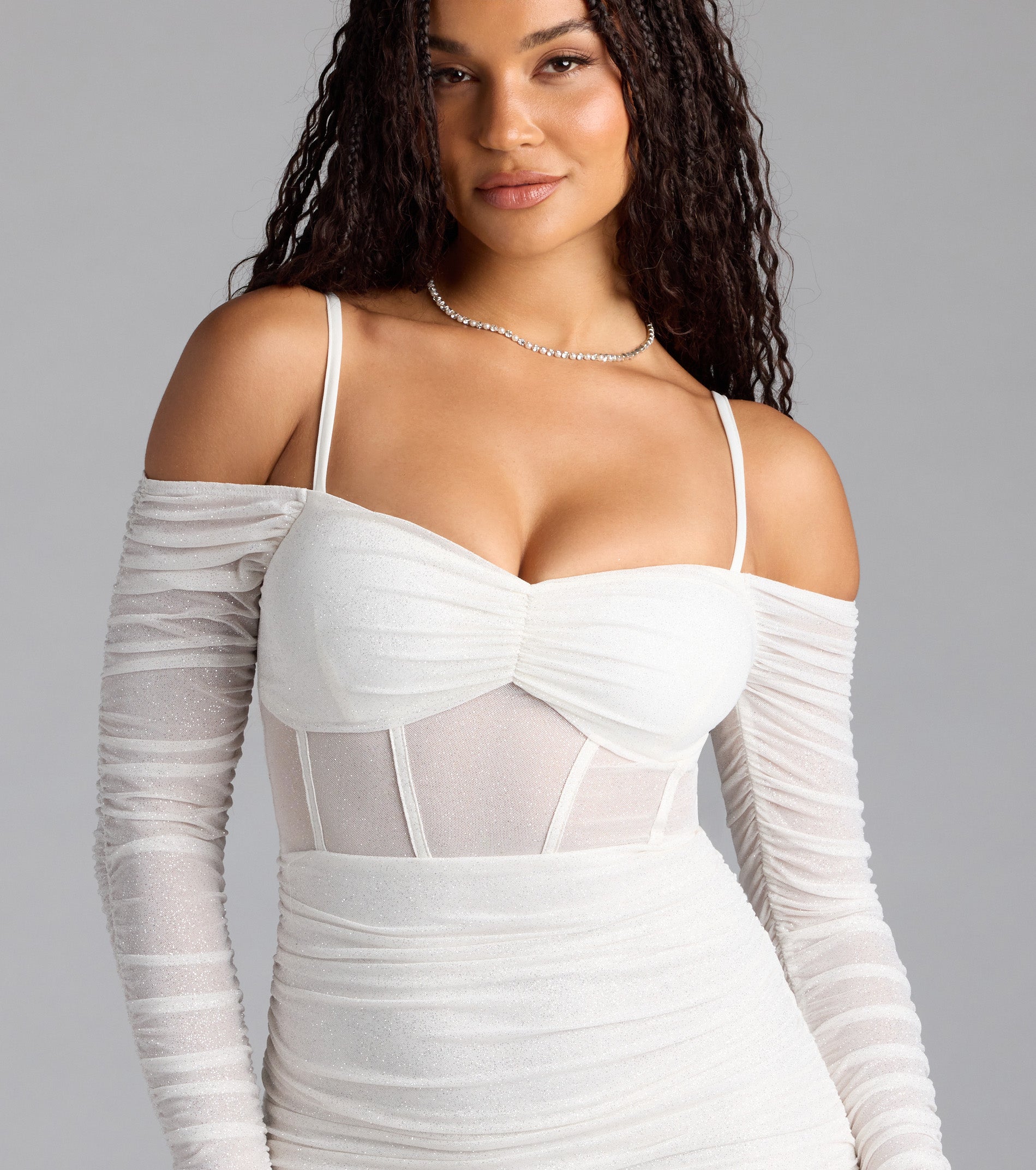 See Me Shining Glitter Off-The-Shoulder Mini Dress