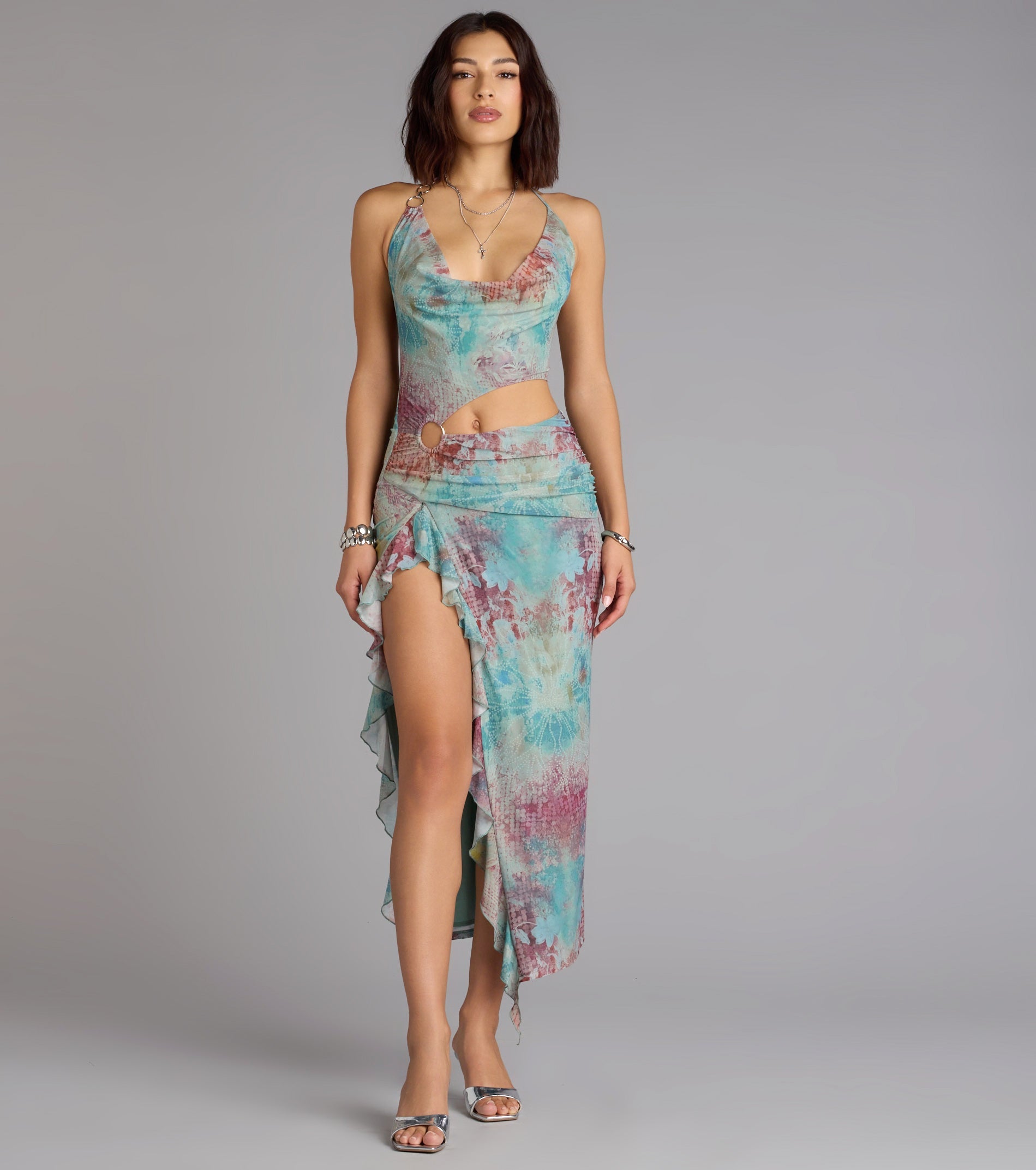 Wild Instincts Halter Cutout Leopard Mesh Midi Dress