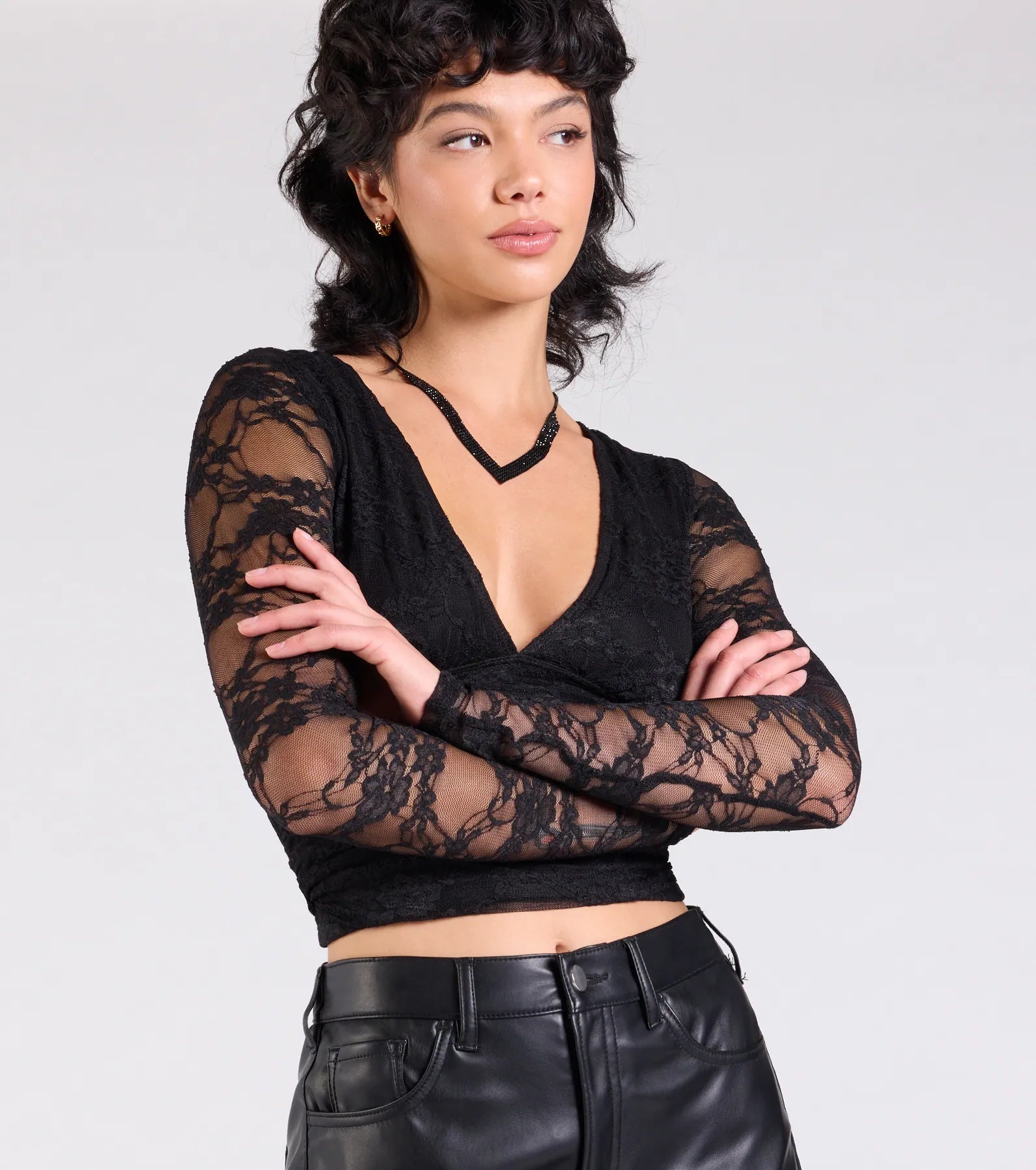 Sultry And Chic Sheer Lace Long Sleeve Top