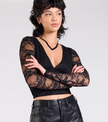 Sultry And Chic Sheer Lace Long Sleeve Top