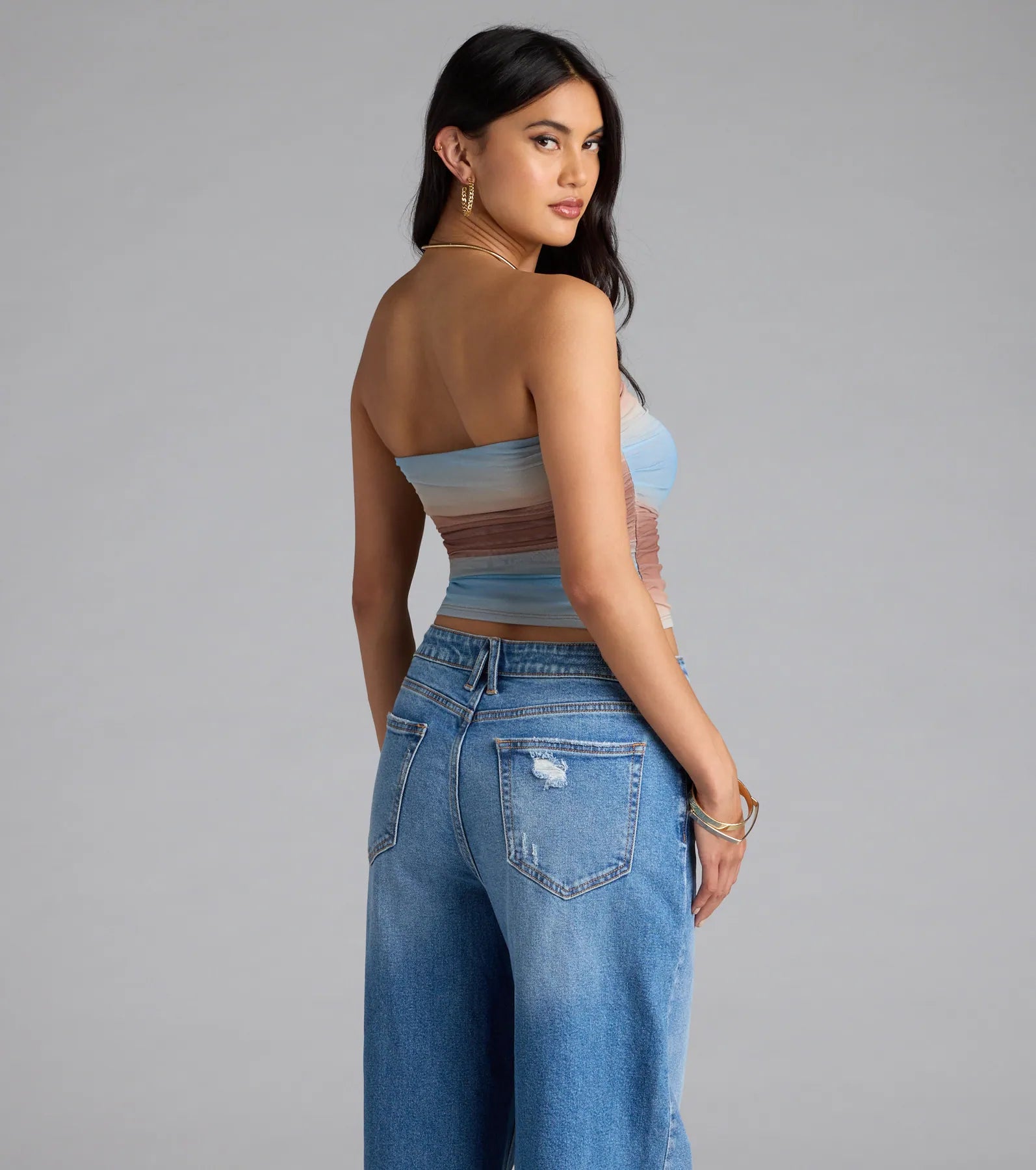 Artsy Allure Abstract Print Mesh Tube Top