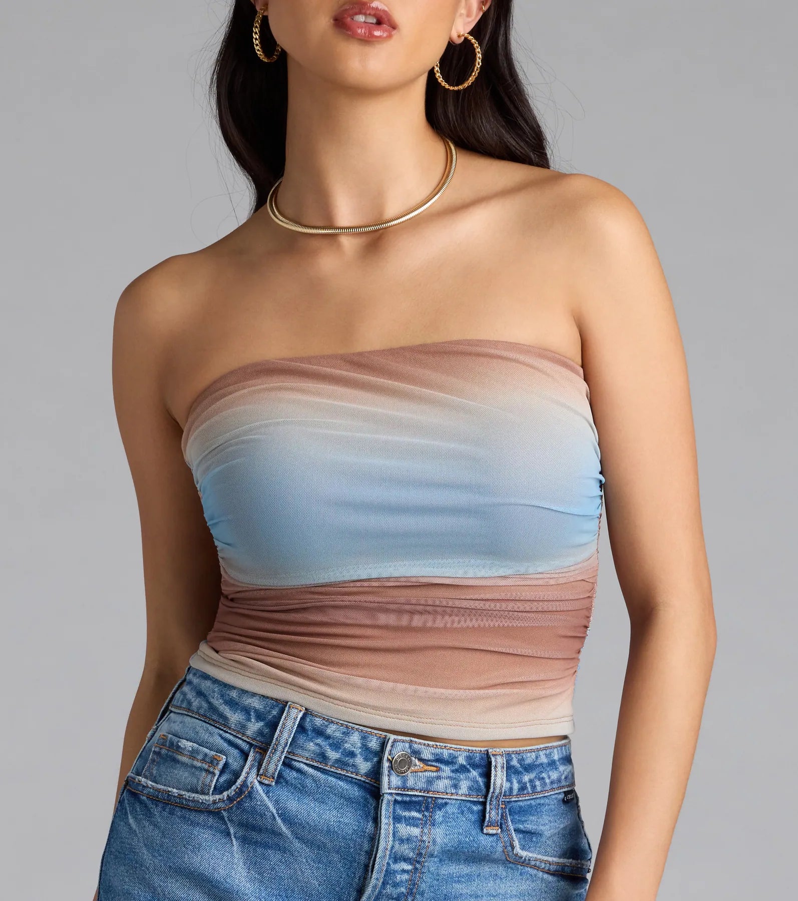Artsy Allure Abstract Print Mesh Tube Top