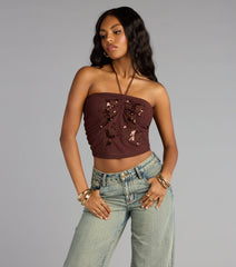 Afterglow Sequin Halter Crop Top