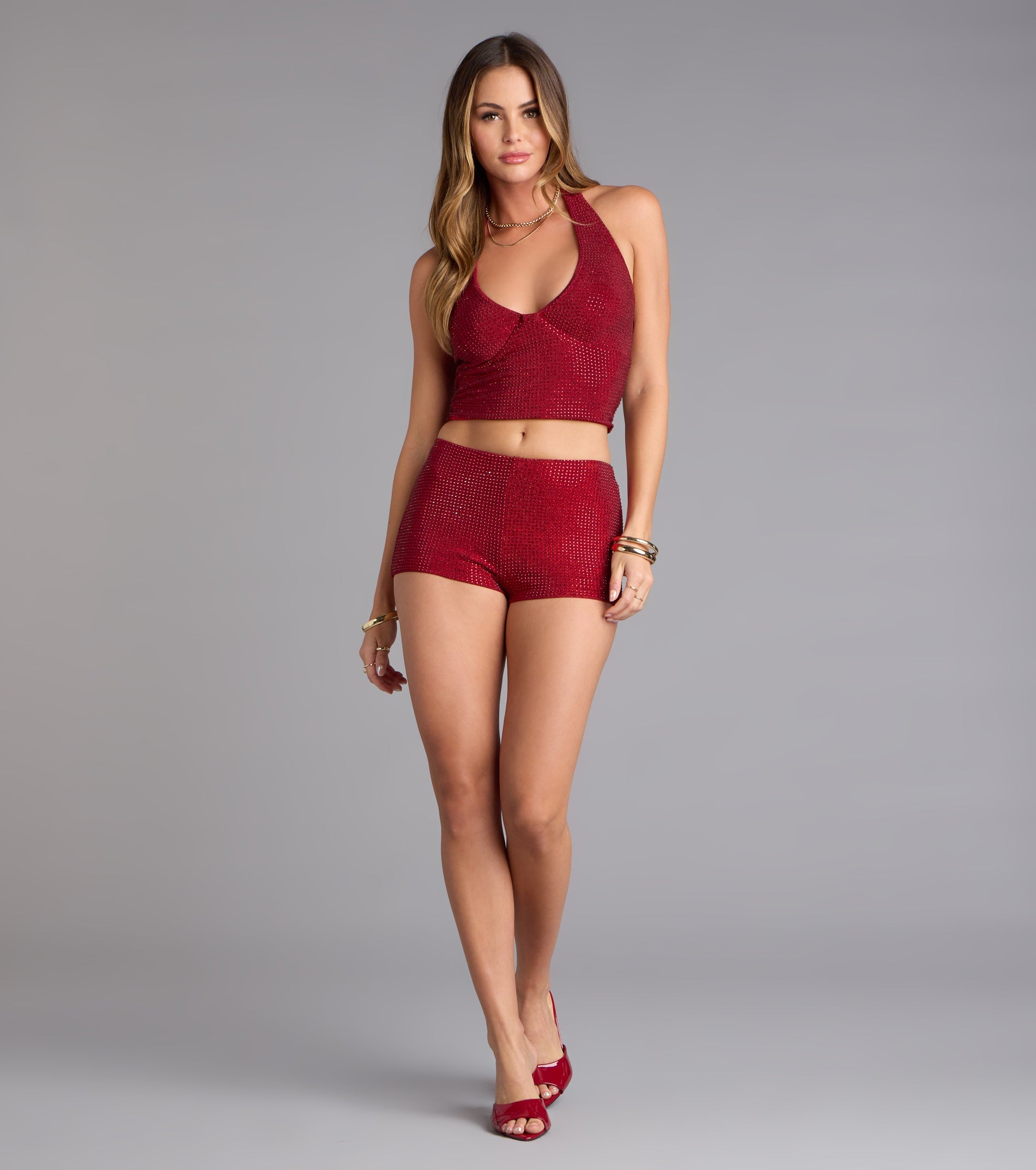 Shine Check Rhinestone Halter Crop Top