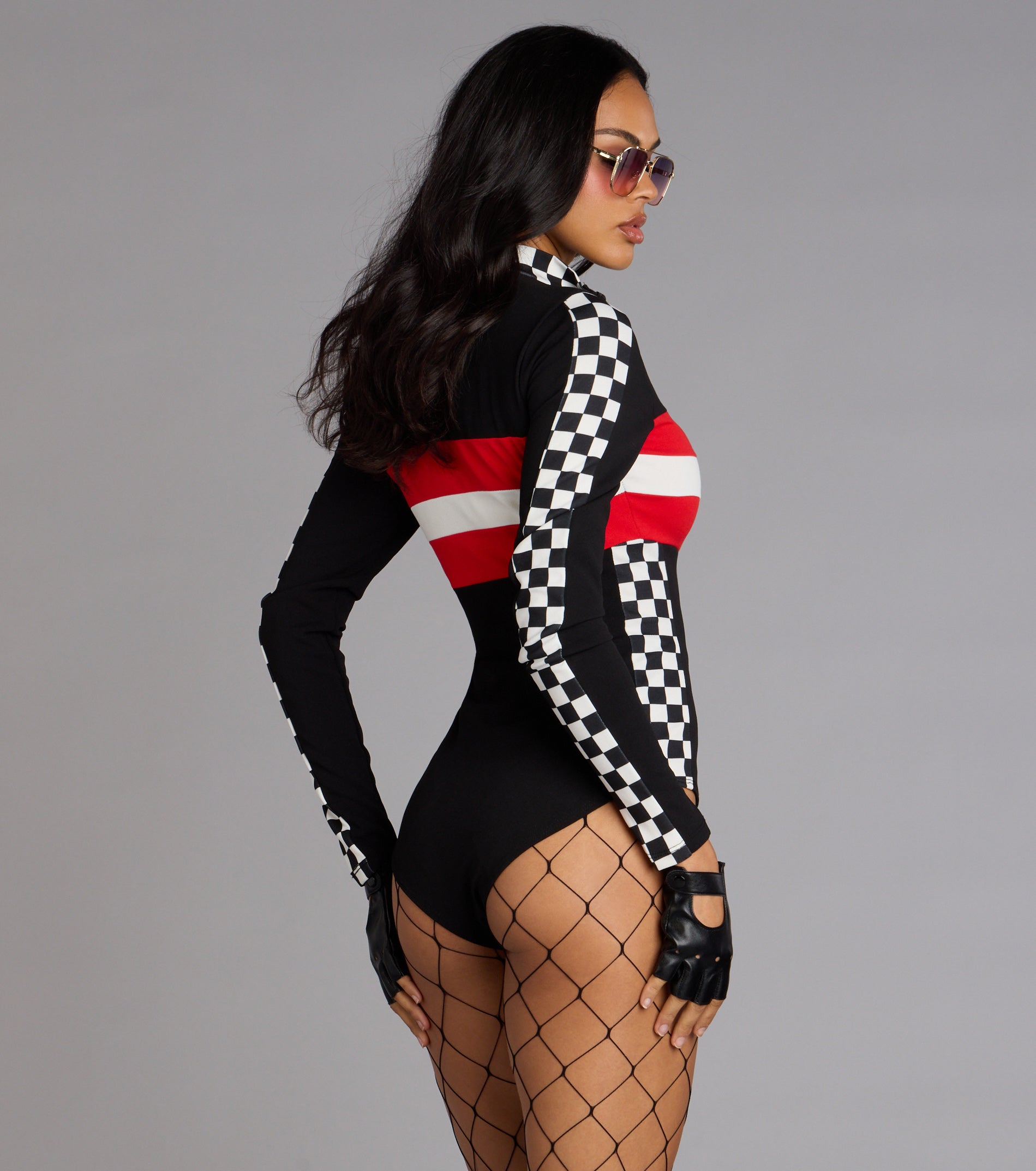 Racing Hottie Long Sleeve Checkered Bodysuit