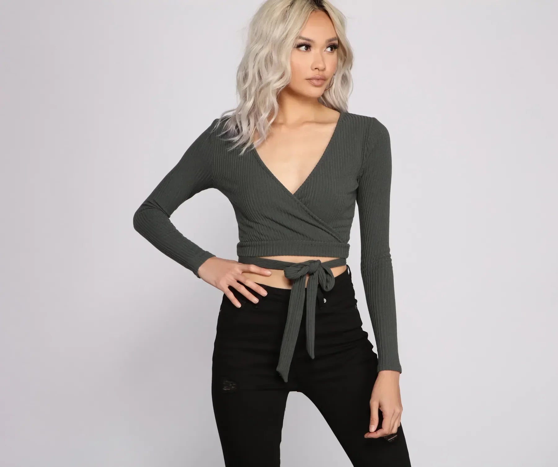 Basic Ribbed Knit Tie Waist Top