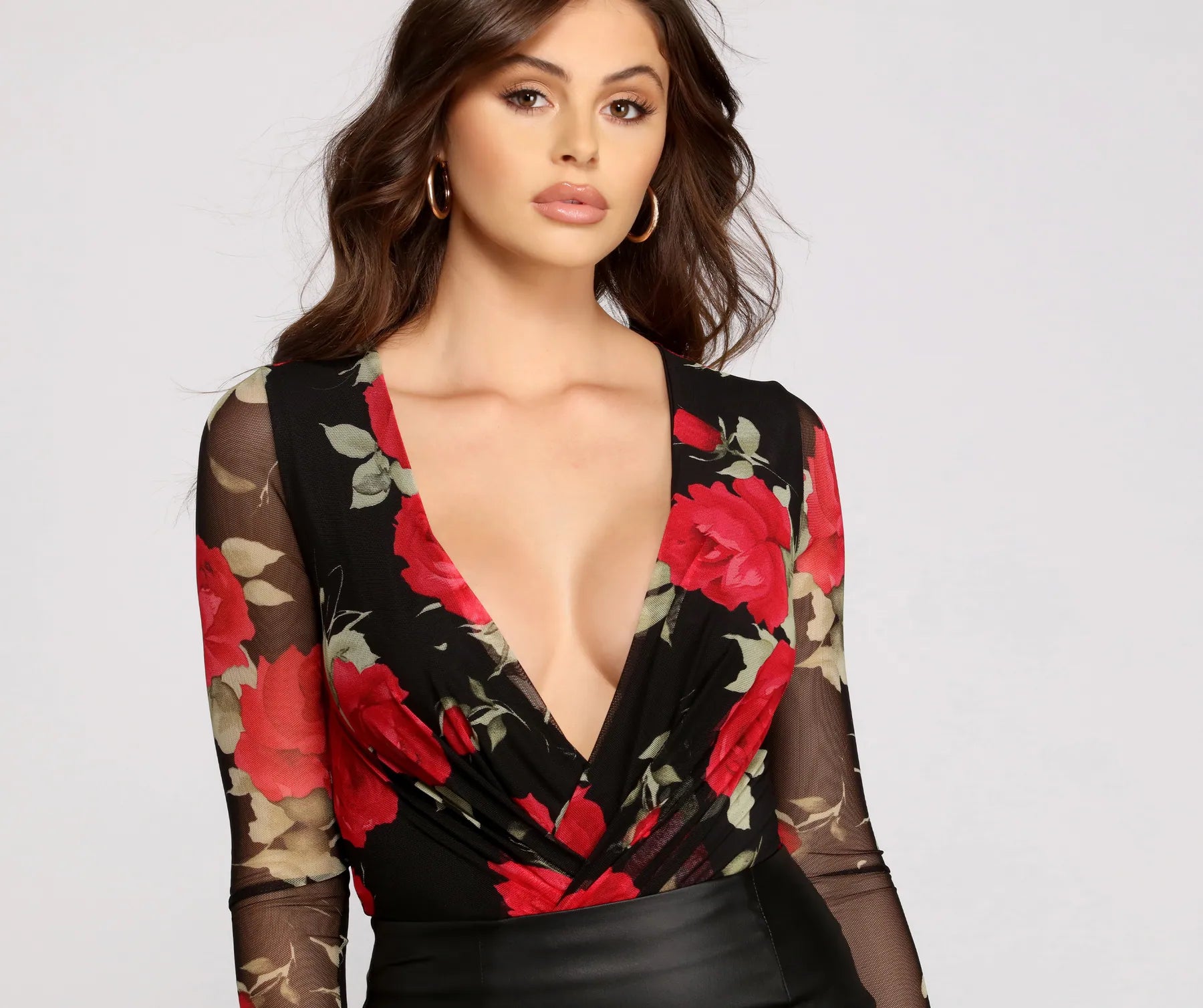 Floral Passion Surplice Mesh Bodysuit
