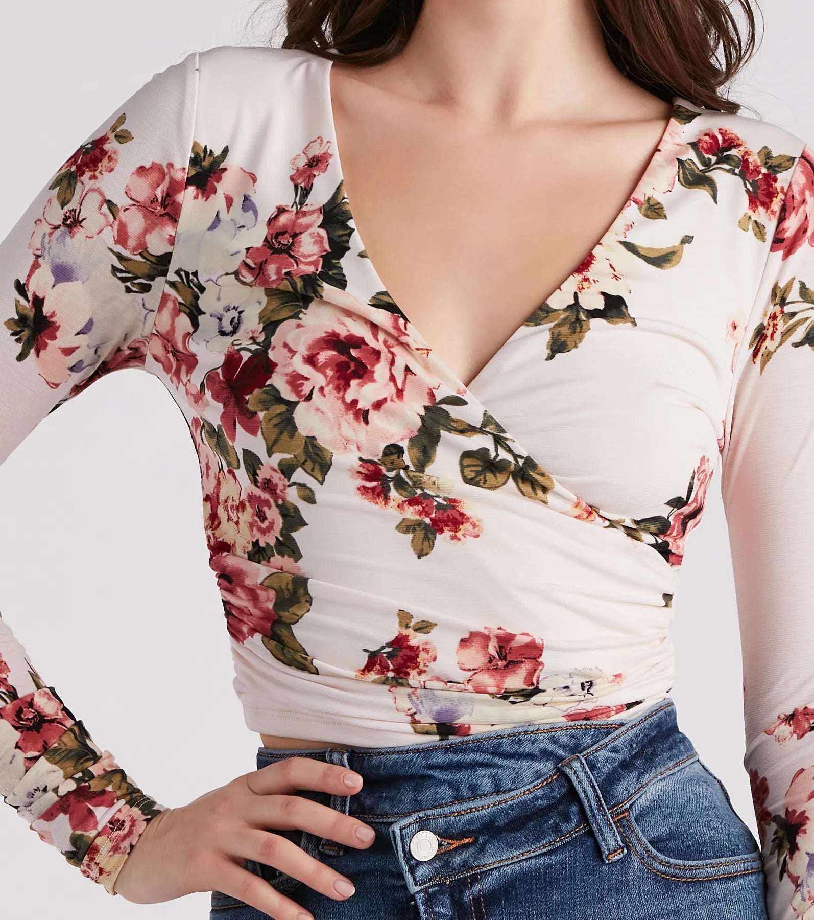 In Spring Floral Surplice Crop Top