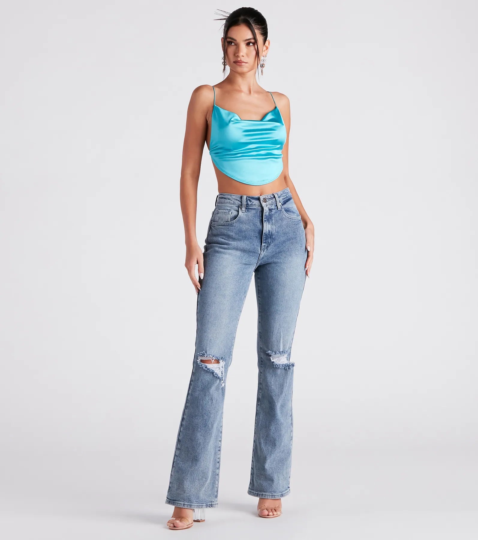 Satin Cowl Neck Strappy Crop Top