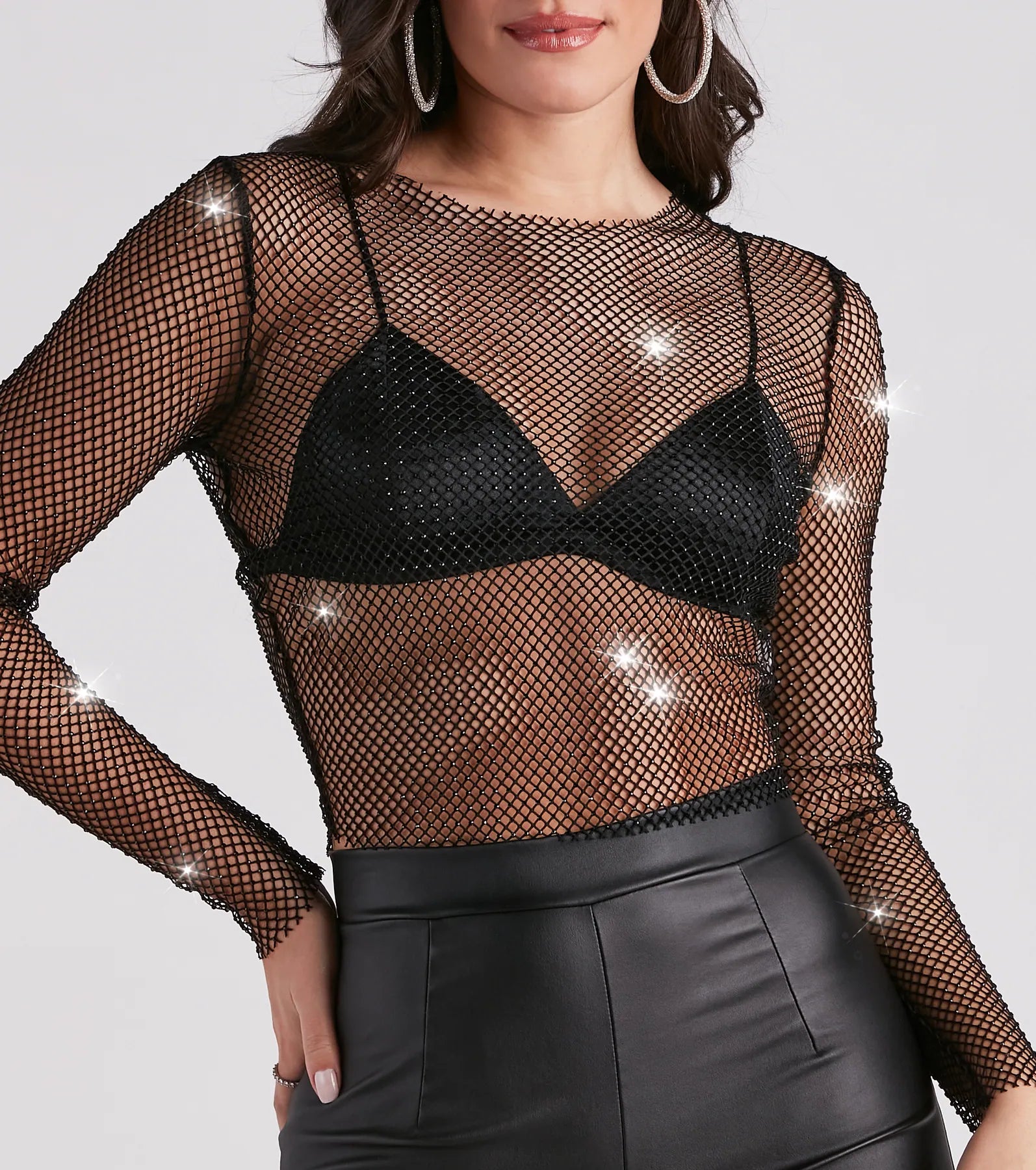 Edgy Glam Girl Rhinestone Fishnet Top