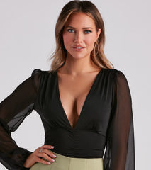 Sheer And Sultry Plunging Bodysuit