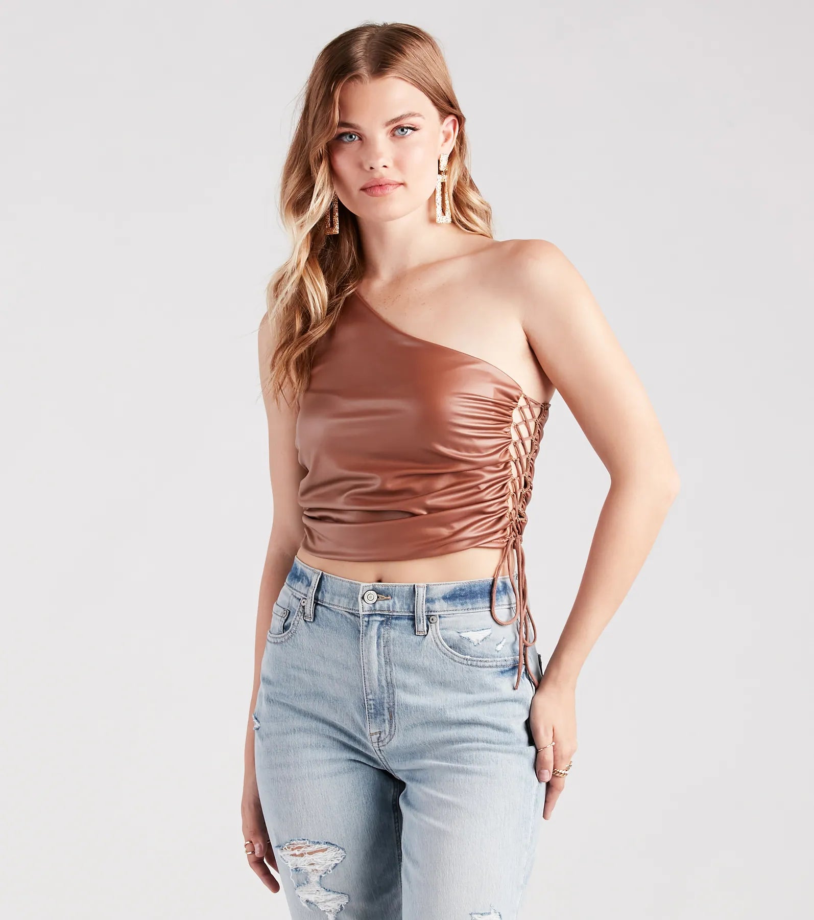 Get My Good Side Lace-Up Faux Leather Top