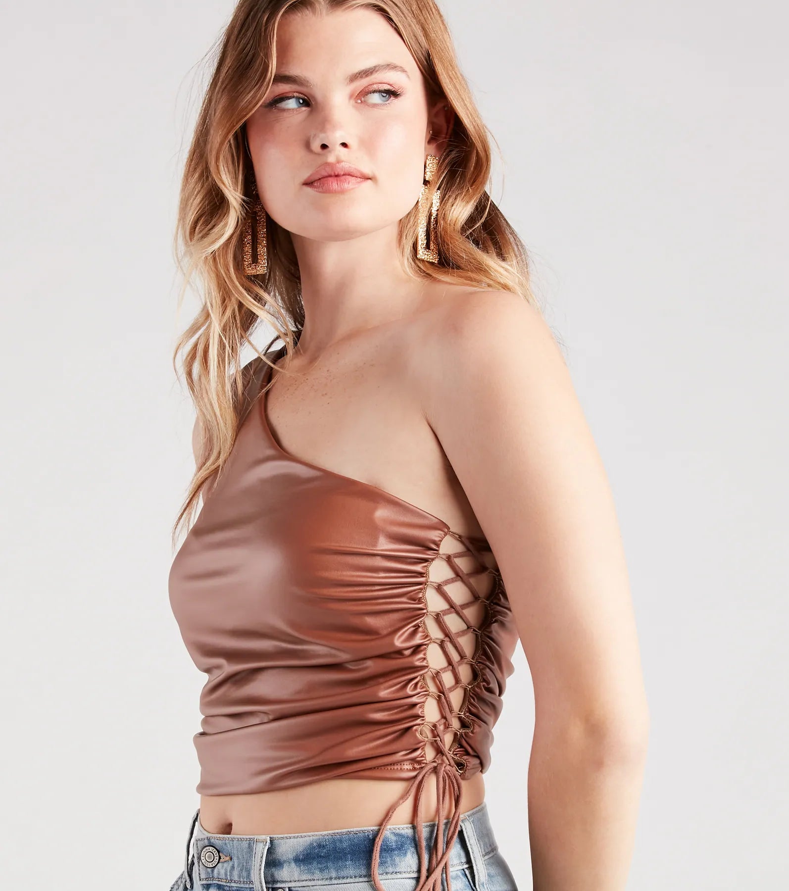 Get My Good Side Lace-Up Faux Leather Top
