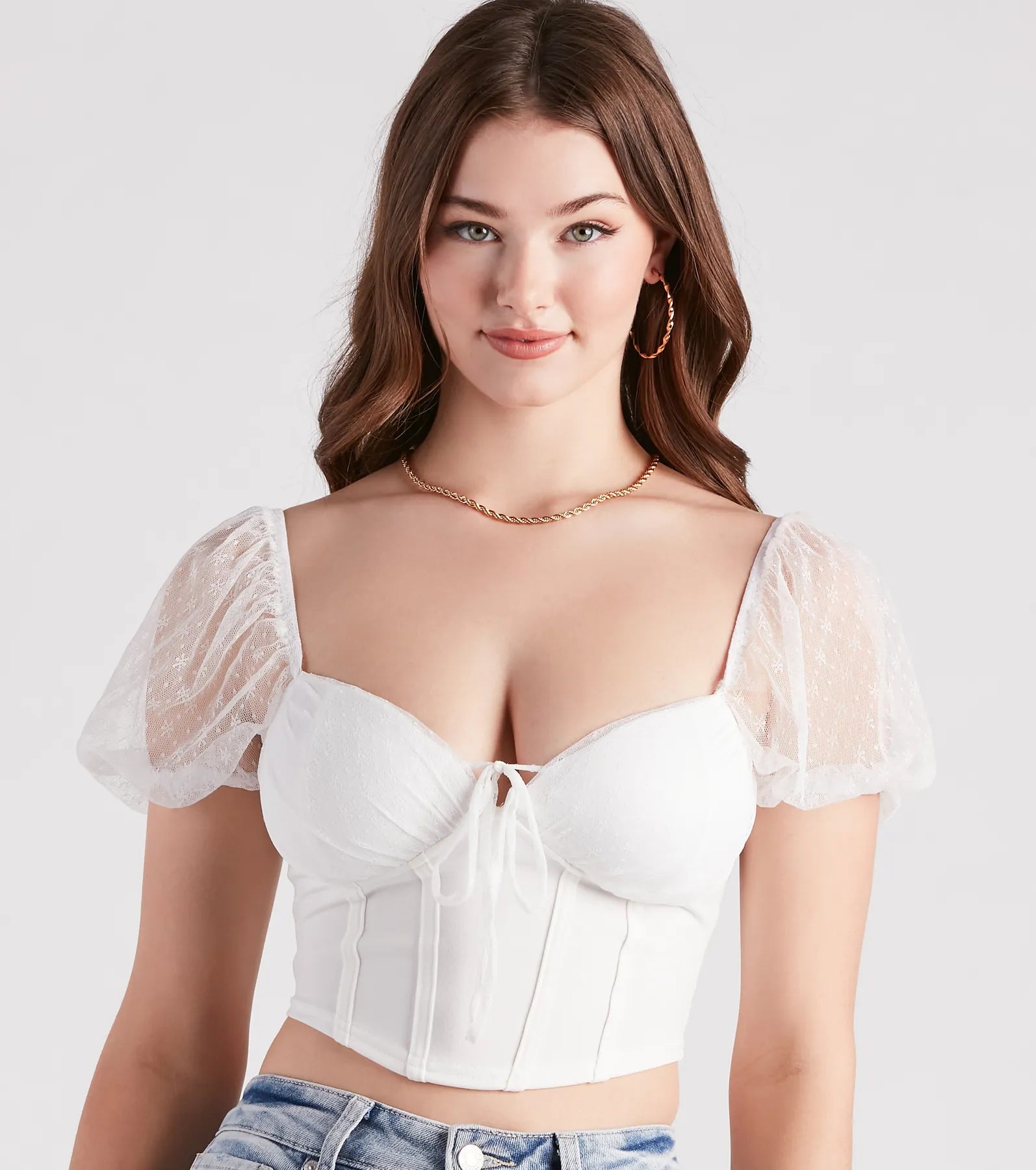 Cute Staple Mesh Puff Sleeve Bustier