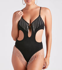 Fringed Out Rhinestone Faux Suede Bodysuit