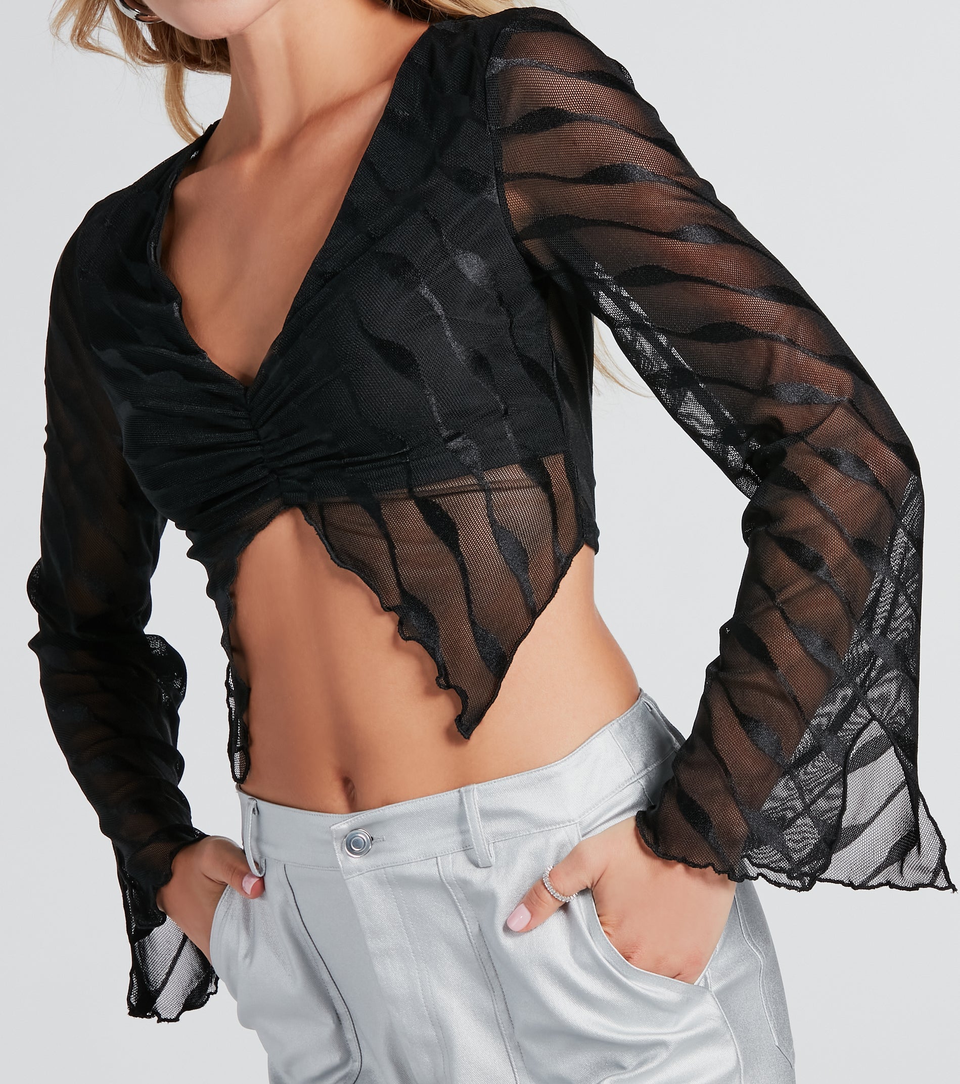 Here For Attention Mesh Striped Crop Top