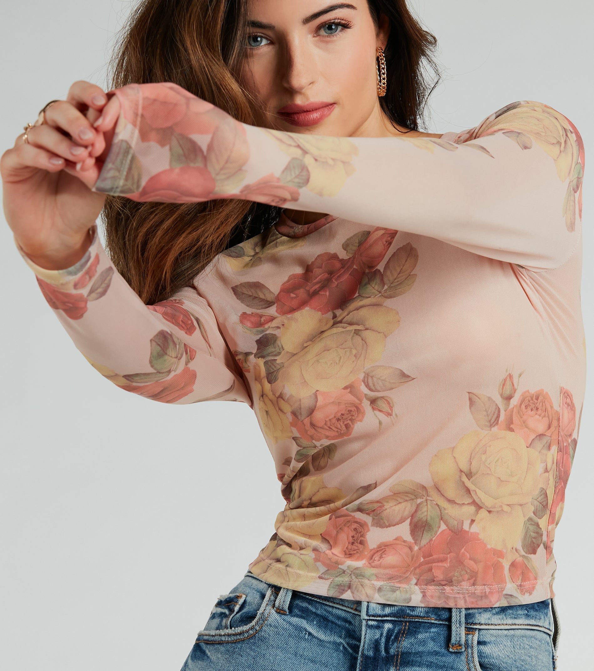 Elevate The Charm Long Sleeve Floral Mesh Crop Top