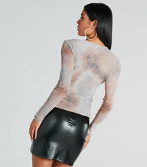 Chic Neutral Tie-Dye Mesh Long Sleeve Top