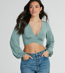 Smooth Talkin' Long Sleeve V-Neck Crop Blouse