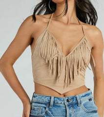 Festive Icon V-Neck Fringe Halter Faux Suede Crop Top