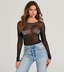 Flirt Alert Rhinestone Heart Sheer Mesh Crop Top