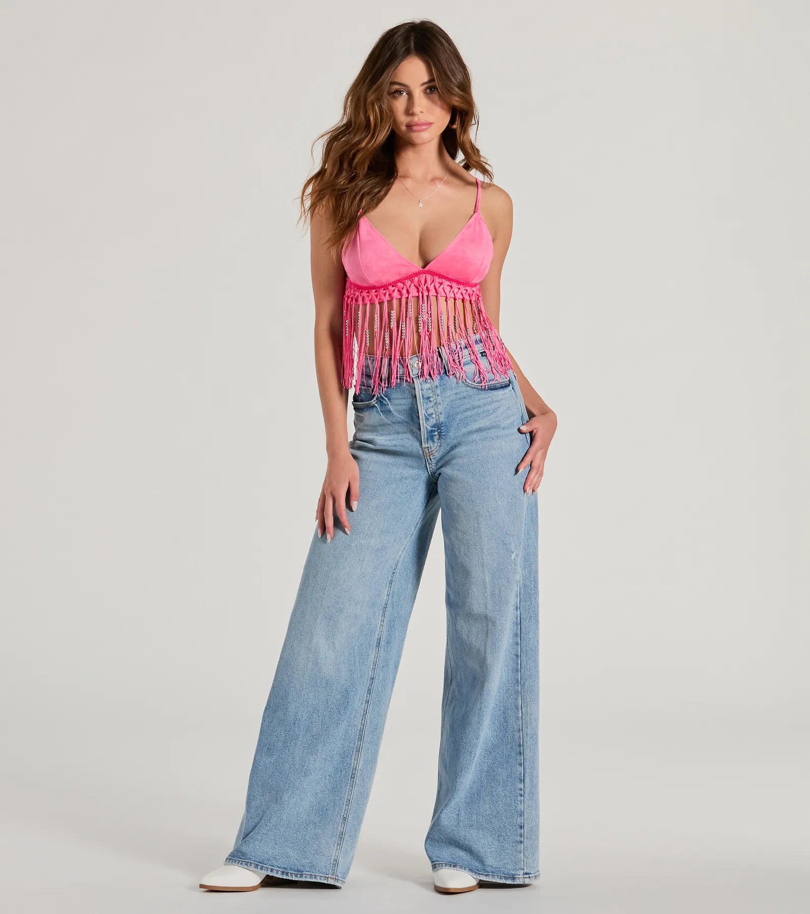 Fringed Out Triangle Fringe Beaded Crop Top