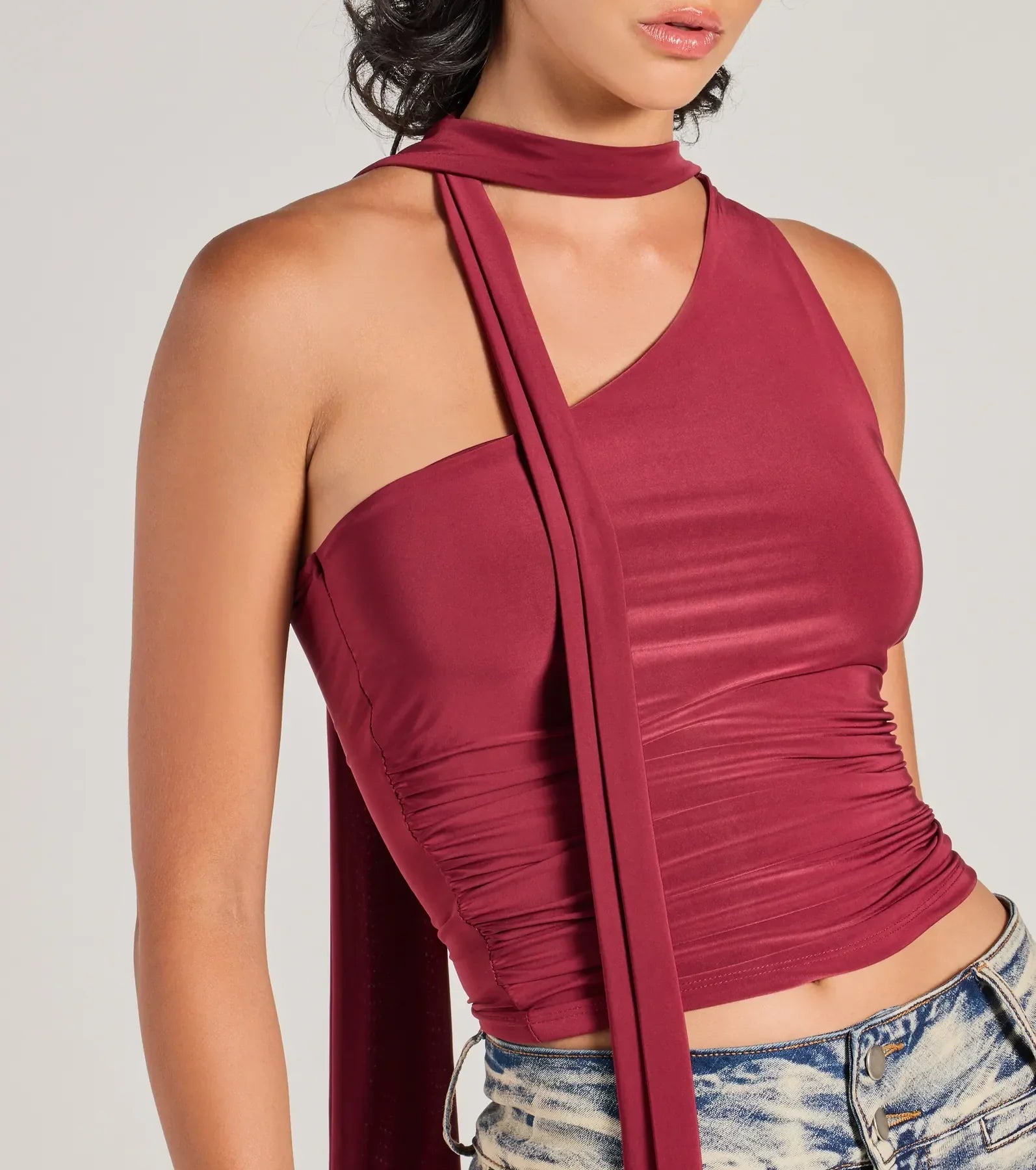 It-Girl Style One-Shoulder Neck Tie Knit Top