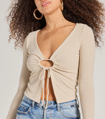 Trendy Casual Long Sleeve Tie-Front Top