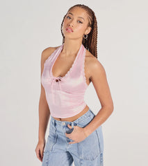 Lace Be Real Halter Satin Crop Top
