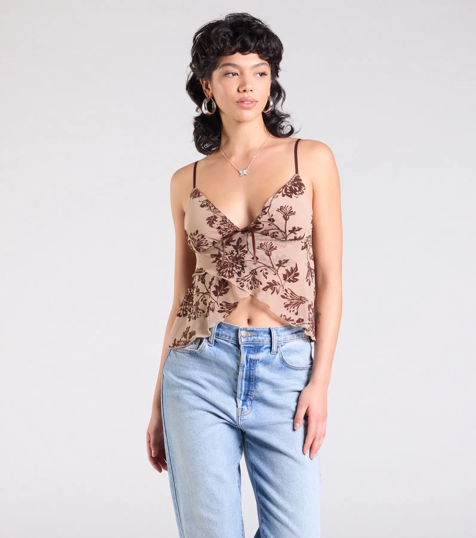 Sultry Element V-Neck Floral Velvet Crop Top