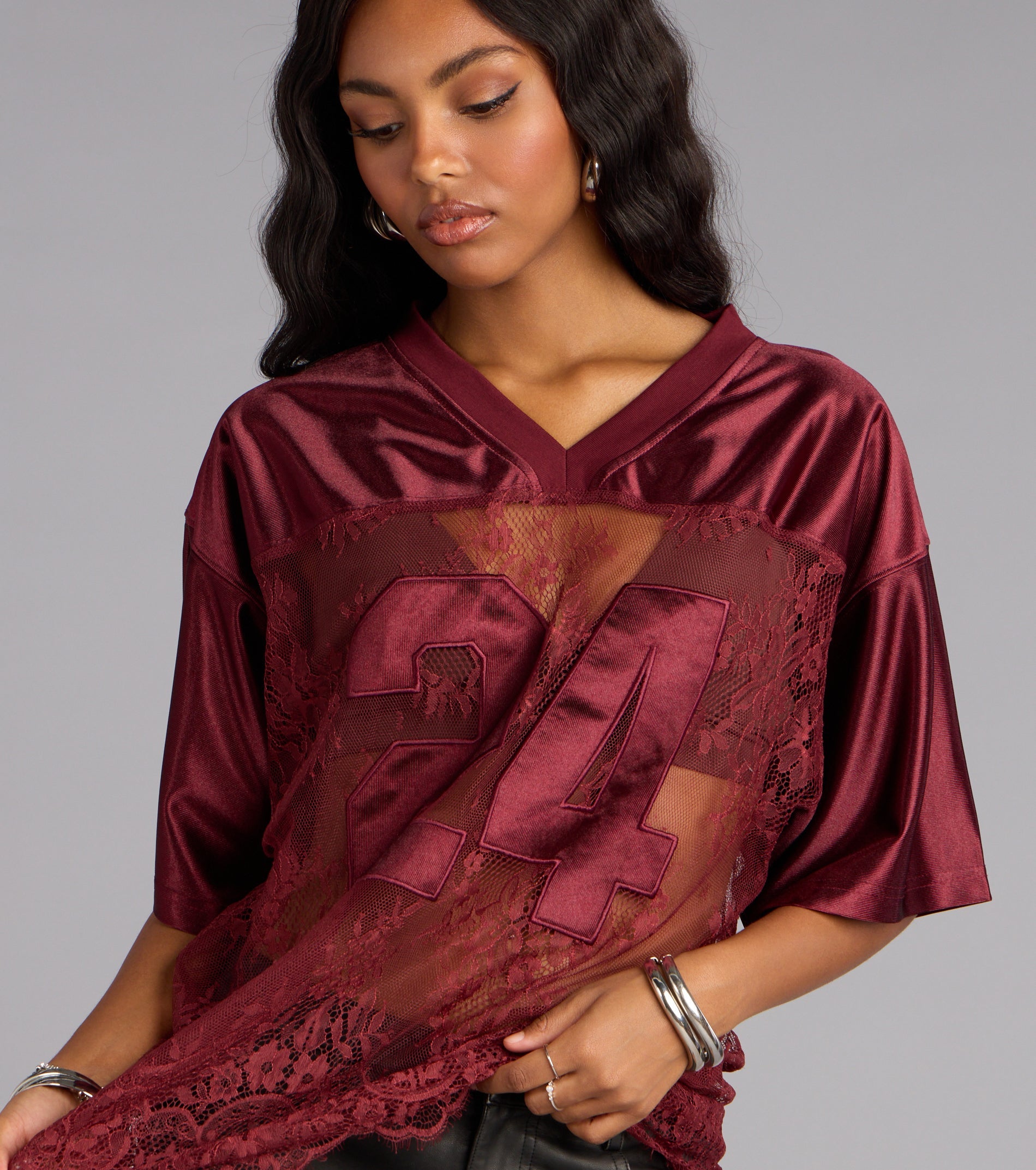 Sporty Chic Lace V-Neck 24 Graphic Jersey Top