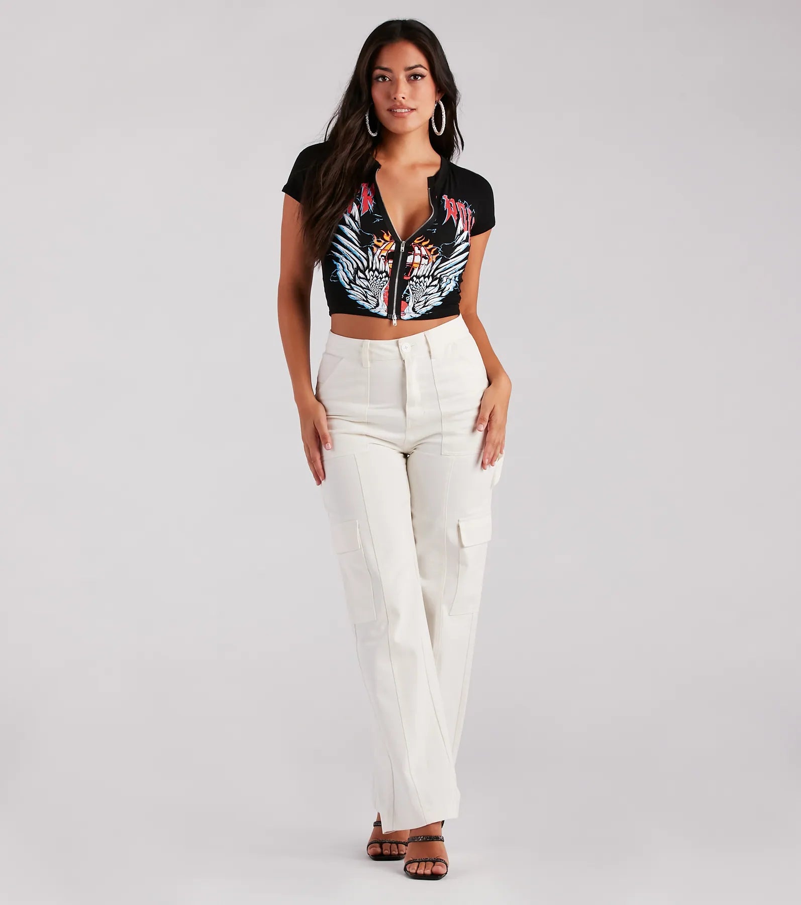 Rock 'N' Roll Zip-Front Cropped Graphic Tee