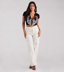 Rock 'N' Roll Zip-Front Cropped Graphic Tee