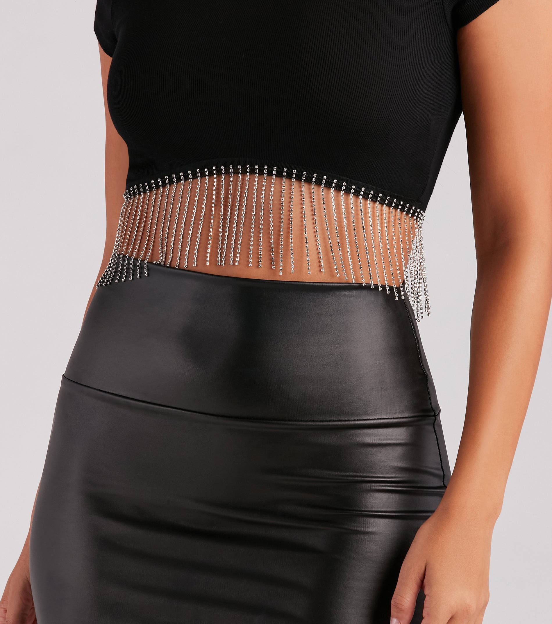 Flaunt Your Shine Rhinestone Fringe Crop Top