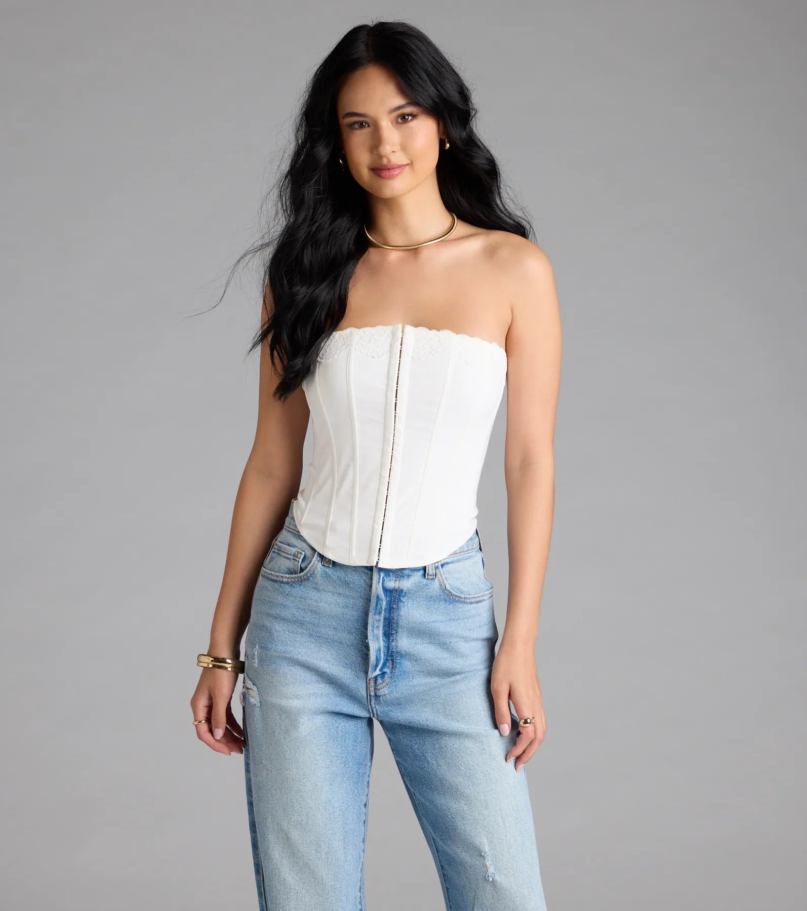 Chic And Snatched Strapless Lace Trim Corset Top