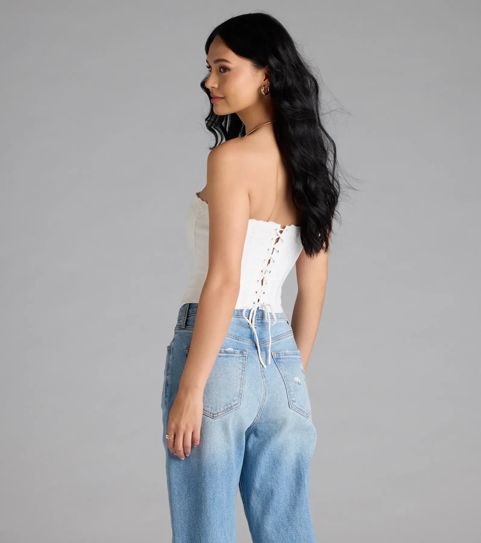 Chic And Snatched Strapless Lace Trim Corset Top