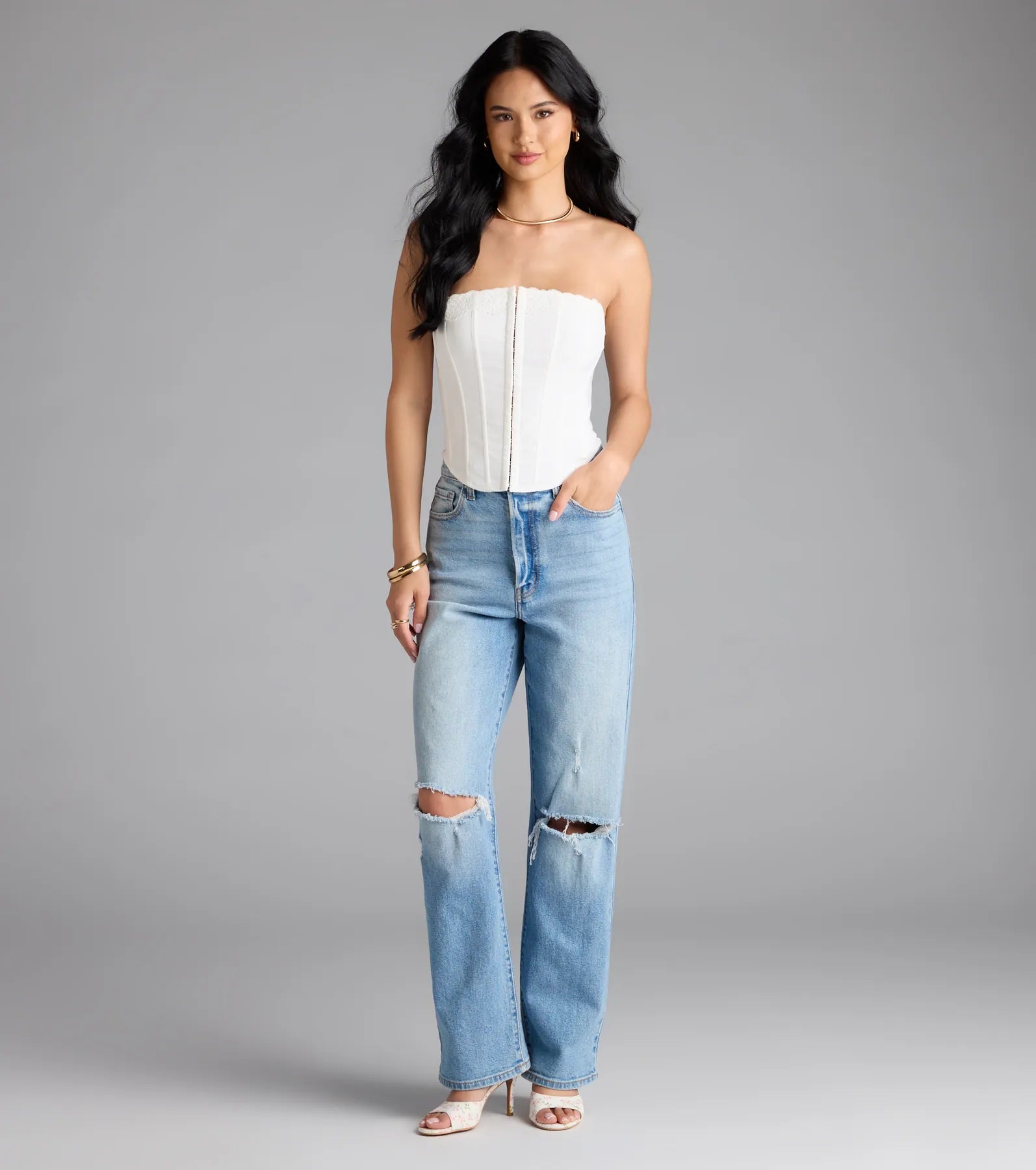 Chic And Snatched Strapless Lace Trim Corset Top