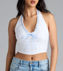 Undeniable Charm Gingham Ribbon Halter Crop Top