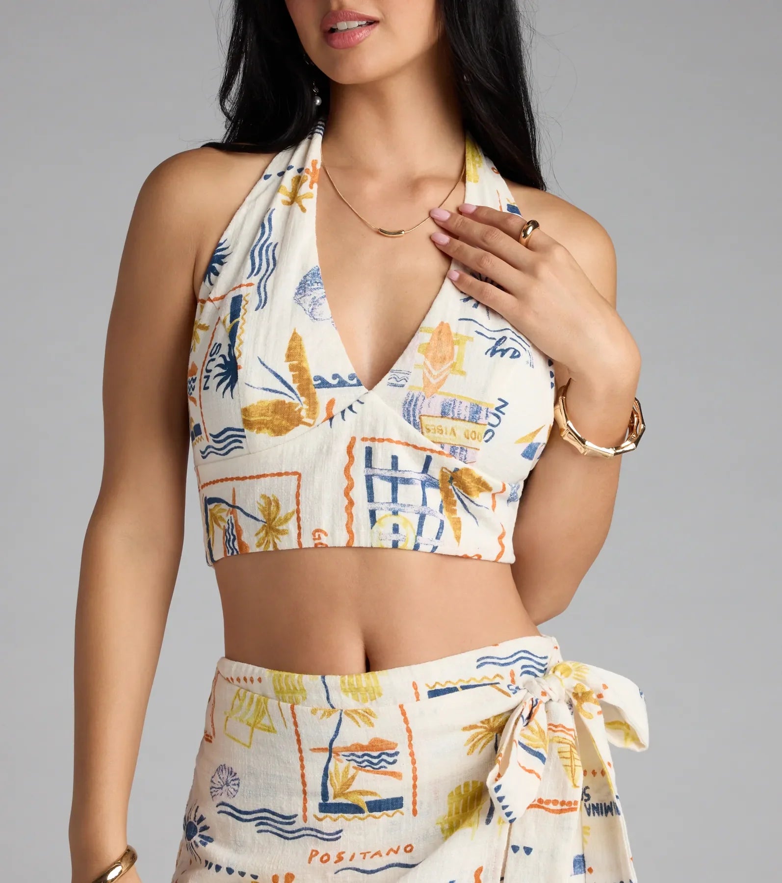 Miss Jetsetter Halter Tie-Back Print Crop Top