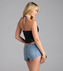 Edgy Demure Lace-Up Halter Crop Top