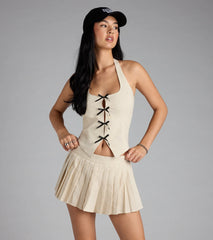 Adorably Chic Bow-Trim Linen Halter Top