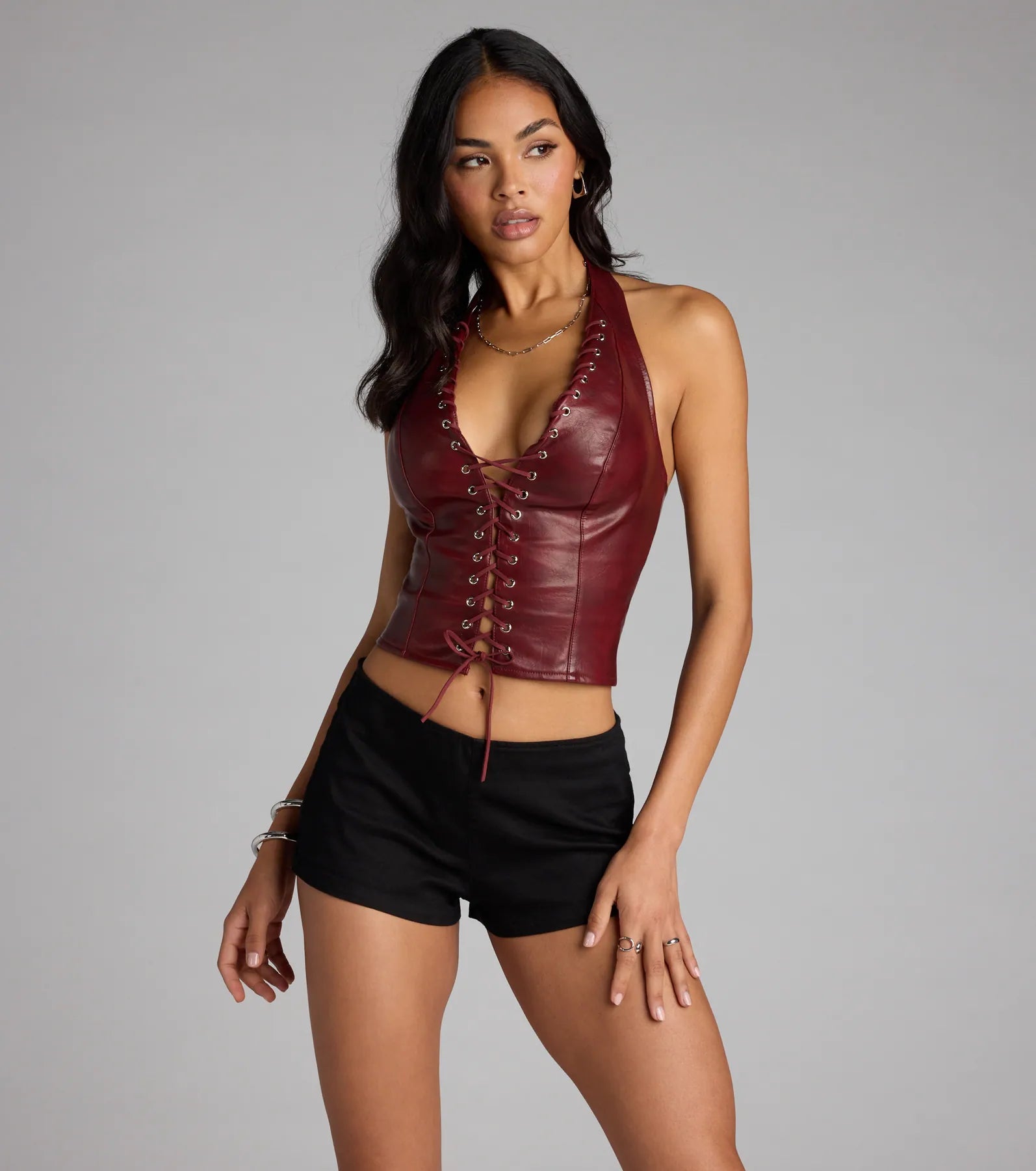 Alluring Edge Faux Leather Lace-Up Halter Top