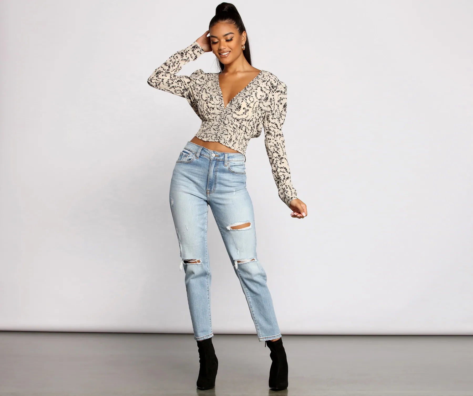 Sweet Intentions Smocked Knit Floral Crop Top