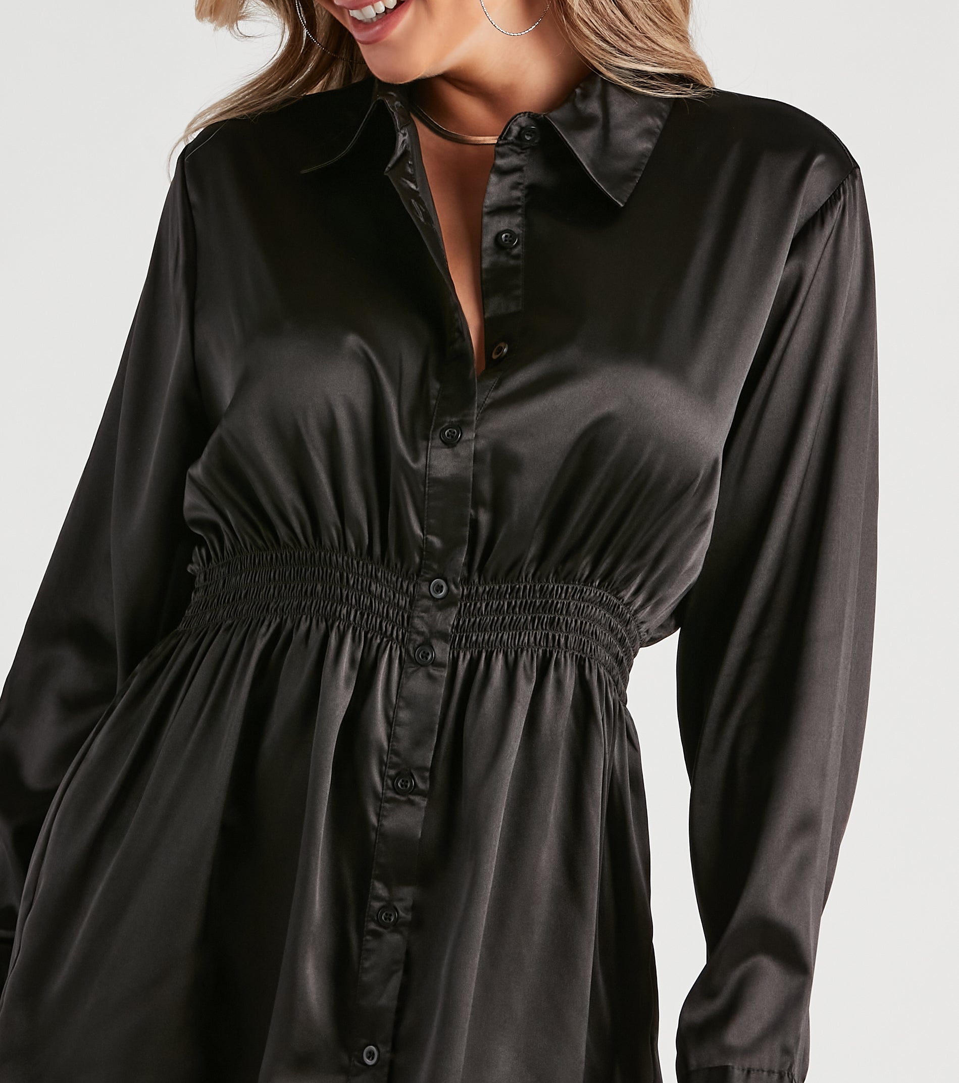 Fall Nights Satin Button-Up Short Dress
