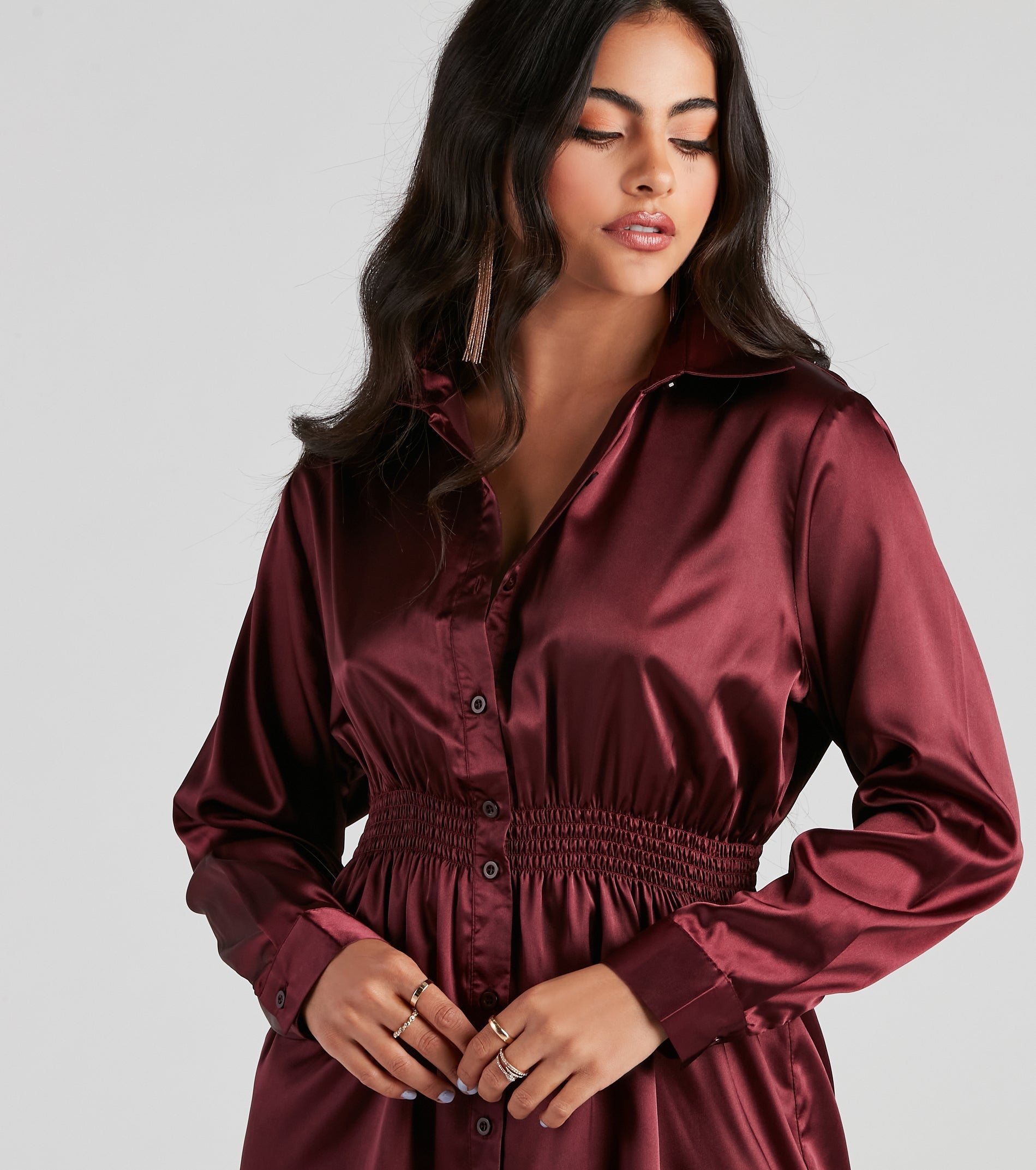 Fall Nights Satin Button-Up Short Dress
