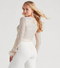 Flawless Glam Sequin Feather Trim Crop Top