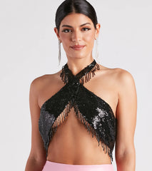 Disco Babe Sequin Fringe Halter Top
